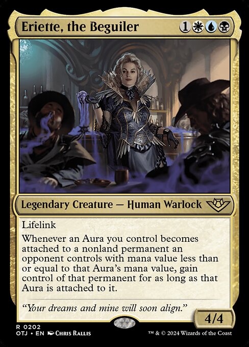 Lifelink
Whenever an Aura you control becomes attached to a nonland permanent an opponent controls with mana value less than or equal to that Aura's mana value, gain control of that permanent for as long as that Aura is attached to it.