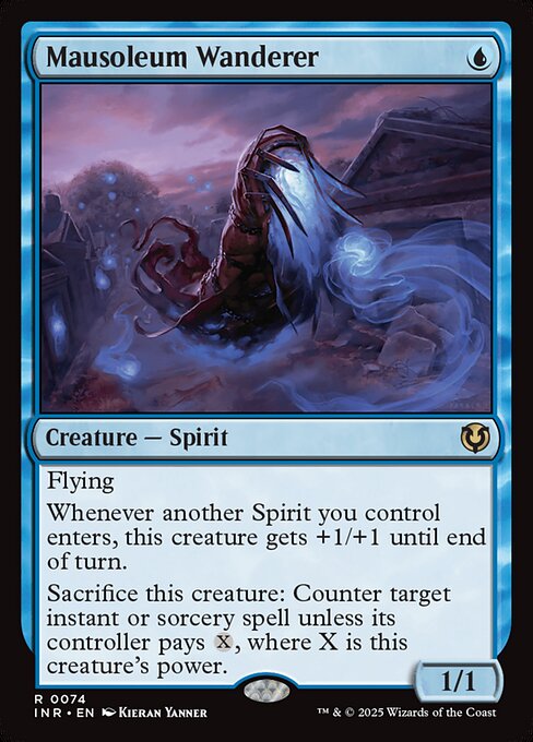 Flying
Whenever another Spirit you control enters, Mausoleum Wanderer gets +1/+1 until end of turn.
Sacrifice Mausoleum Wanderer: Counter target instant or sorcery spell unless its controller pays {X}, where X is Mausoleum Wanderer's power.