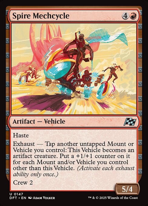 Haste
Exhaust — Tap another untapped Mount or Vehicle you control: This Vehicle becomes an artifact creature. Put a +1/+1 counter on it for each Mount and/or Vehicle you control other than this Vehicle. (Activate each exhaust ability only once.)
Crew 2