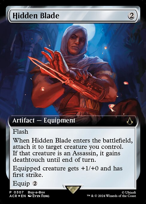 Flash
When Hidden Blade enters the battlefield, attach it to target creature you control. If that creature is an Assassin, it gains deathtouch until end of turn.
Equipped creature gets +1/+0 and has first strike.
Equip {2}
