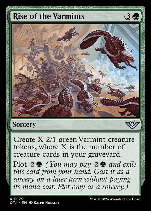 Create X 2/1 green Varmint creature tokens, where X is the number of creature cards in your graveyard.
Plot {2}{G} (You may pay {2}{G} and exile this card from your hand. Cast it as a sorcery on a later turn without paying its mana cost. Plot only as a sorcery.)