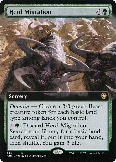 Domain — Create a 3/3 green Beast creature token for each basic land type among lands you control.
{1}{G}, Discard Herd Migration: Search your library for a basic land card, reveal it, put it into your hand, then shuffle. You gain 3 life.