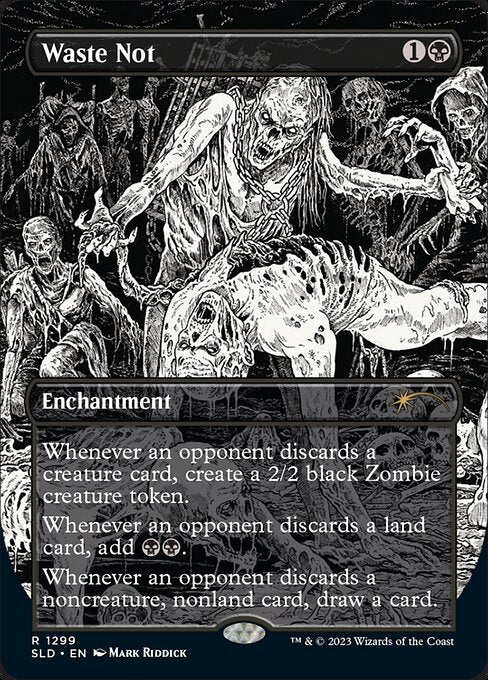Whenever an opponent discards a creature card, create a 2/2 black Zombie creature token.
Whenever an opponent discards a land card, add {B}{B}.
Whenever an opponent discards a noncreature, nonland card, draw a card.