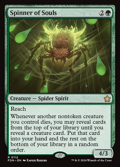 Reach
Whenever another nontoken creature you control dies, you may reveal cards from the top of your library until you reveal a creature card. Put that card into your hand and the rest on the bottom of your library in a random order.