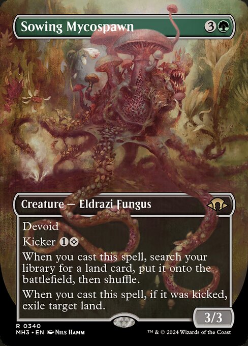 Devoid (This card has no color.)
Kicker {1}{C} (You may pay an additional {1}{C} as you cast this spell.)
When you cast this spell, search your library for a land card, put it onto the battlefield, then shuffle.
When you cast this spell, if it was kicked, exile target land.