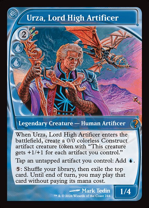 When Urza, Lord High Artificer enters, create a 0/0 colorless Construct artifact creature token with "This creature gets +1/+1 for each artifact you control."
Tap an untapped artifact you control: Add {U}.
{5}: Shuffle your library, then exile the top card. Until end of turn, you may play that card without paying its mana cost.