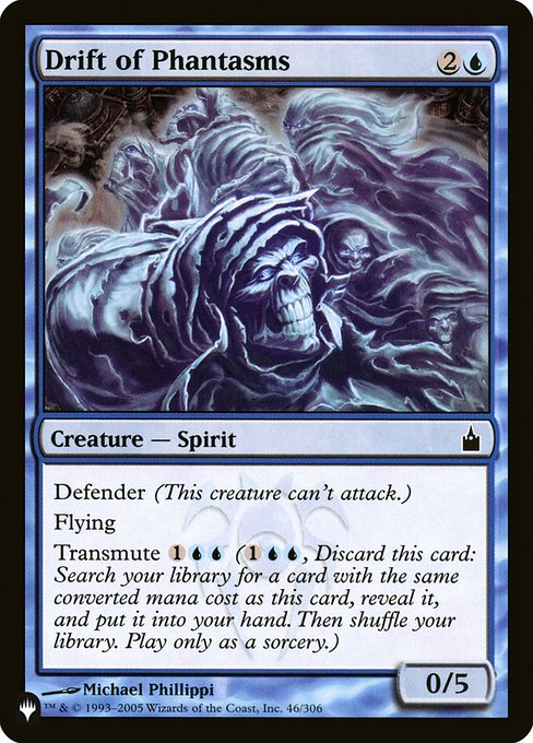 Defender (This creature can't attack.)
Flying
Transmute {1}{U}{U} ({1}{U}{U}, Discard this card: Search your library for a card with the same mana value as this card, reveal it, put it into your hand, then shuffle. Transmute only as a sorcery.)