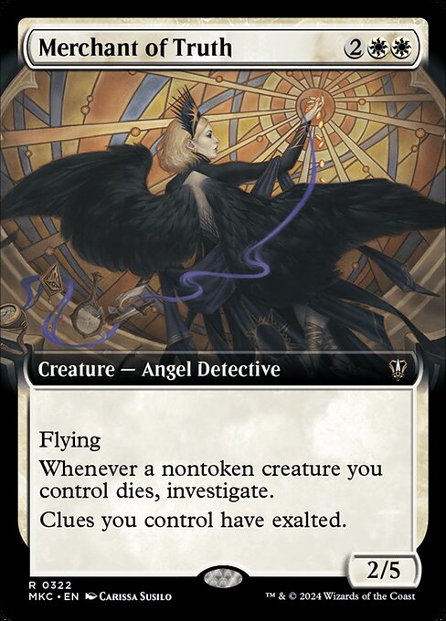 Flying
Whenever a nontoken creature you control dies, investigate.
Clues you control have exalted. (Whenever a creature you control attacks alone, that creature gets +1/+1 until end of turn for each instance of exalted among permanents you control.)