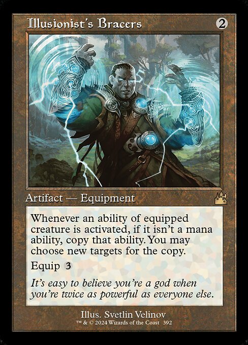 Whenever an ability of equipped creature is activated, if it isn't a mana ability, copy that ability. You may choose new targets for the copy.
Equip {3}