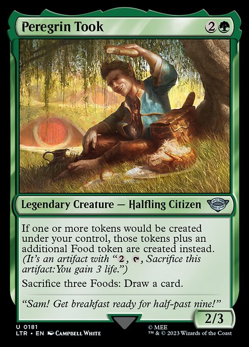If one or more tokens would be created under your control, those tokens plus an additional Food token are created instead. (It's an artifact with "{2}, {T}, Sacrifice this artifact: You gain 3 life.")
Sacrifice three Foods: Draw a card.