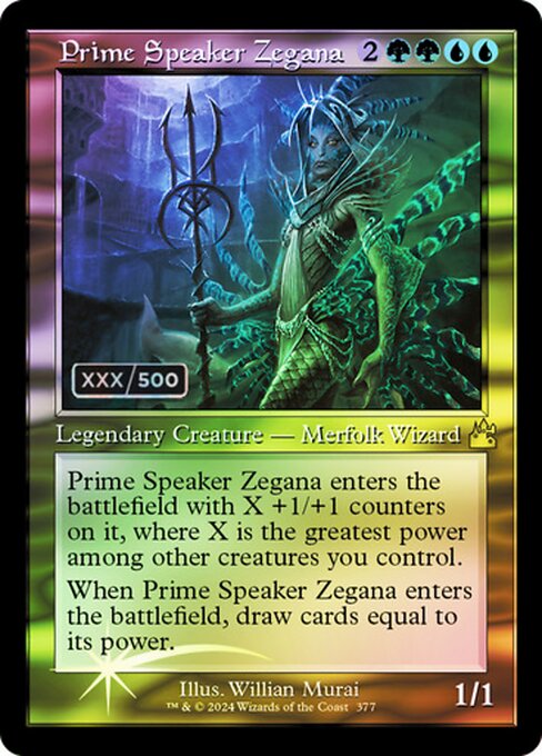 Prime Speaker Zegana enters the battlefield with X +1/+1 counters on it, where X is the greatest power among other creatures you control.
When Prime Speaker Zegana enters the battlefield, draw cards equal to its power.