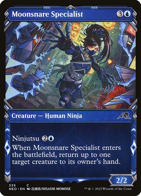 Ninjutsu {2}{U} ({2}{U}, Return an unblocked attacker you control to hand: Put this card onto the battlefield from your hand tapped and attacking.)
When Moonsnare Specialist enters the battlefield, return up to one target creature to its owner's hand.