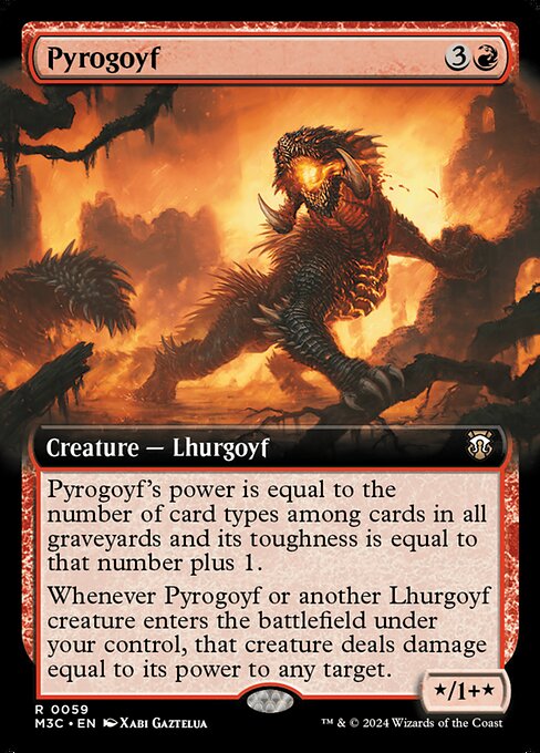 Pyrogoyf's power is equal to the number of card types among cards in all graveyards and its toughness is equal to that number plus 1.
Whenever Pyrogoyf or another Lhurgoyf creature you control enters, that creature deals damage equal to its power to any target.