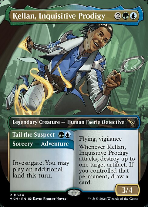Flying, vigilance
Whenever Kellan, Inquisitive Prodigy attacks, destroy up to one target artifact. If you controlled that permanent, draw a card.   Investigate. You may play an additional land this turn. (Then exile this card. You may cast the creature later from exile.)