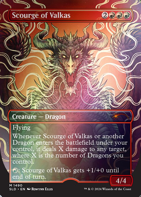 Flying
Whenever Scourge of Valkas or another Dragon enters the battlefield under your control, it deals X damage to any target, where X is the number of Dragons you control.
{R}: Scourge of Valkas gets +1/+0 until end of turn.