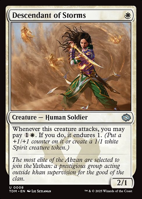 Whenever this creature attacks, you may pay {1}{W}. If you do, it endures 1. (Put a +1/+1 counter on it or create a 1/1 white Spirit creature token.)