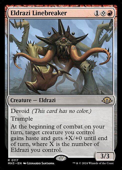 Devoid (This card has no color.)
Trample
At the beginning of combat on your turn, target creature you control gains haste and gets +X/+0 until end of turn, where X is the number of Eldrazi you control.