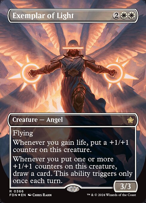 Flying
Whenever you gain life, put a +1/+1 counter on this creature.
Whenever you put one or more +1/+1 counters on this creature, draw a card. This ability triggers only once each turn.