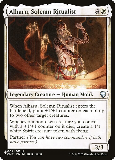 When Alharu, Solemn Ritualist enters, put a +1/+1 counter on each of up to two other target creatures.
Whenever a nontoken creature you control with a +1/+1 counter on it dies, create a 1/1 white Spirit creature token with flying.
Partner (You can have two commanders if both have partner.)