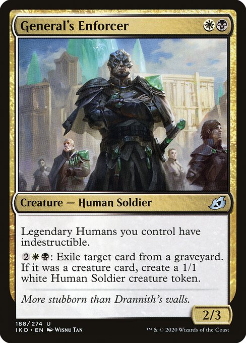 Legendary Humans you control have indestructible.
{2}{W}{B}: Exile target card from a graveyard. If it was a creature card, create a 1/1 white Human Soldier creature token.