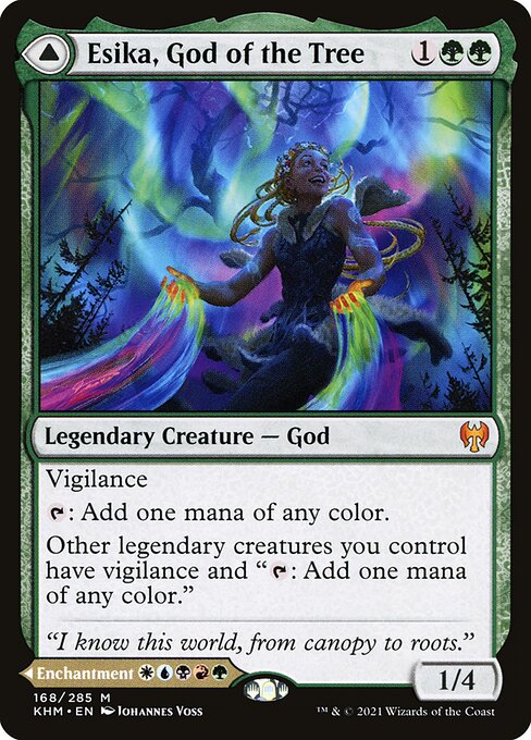 Vigilance
{T}: Add one mana of any color.
Other legendary creatures you control have vigilance and "{T}: Add one mana of any color."   At the beginning of your upkeep, reveal cards from the top of your library until you reveal a creature or planeswalker card. Put that card onto the battlefield and the rest on the bottom of your library in a random order.
