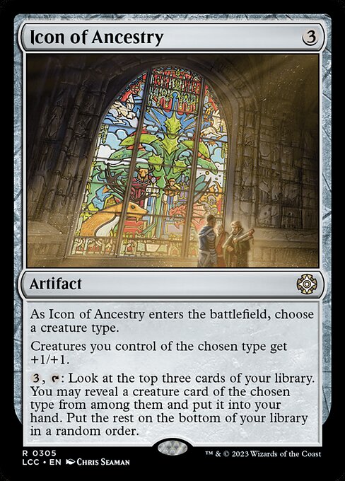 As this artifact enters, choose a creature type.
Creatures you control of the chosen type get +1/+1.
{3}, {T}: Look at the top three cards of your library. You may reveal a creature card of the chosen type from among them and put it into your hand. Put the rest on the bottom of your library in a random order.