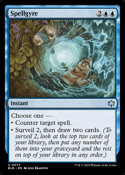 Choose one —
• Counter target spell.
• Surveil 2, then draw two cards. (To surveil 2, look at the top two cards of your library, then put any number of them into your graveyard and the rest on top of your library in any order.)
