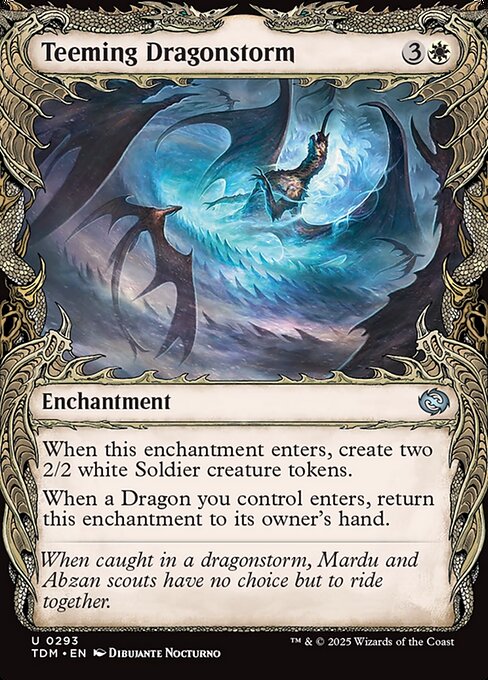 When this enchantment enters, create two 2/2 white Soldier creature tokens.
When a Dragon you control enters, return this enchantment to its owner's hand.
