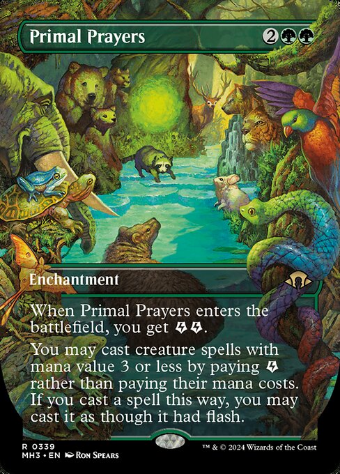 When Primal Prayers enters the battlefield, you get {E}{E} (two energy counters).
You may cast creature spells with mana value 3 or less by paying {E} rather than paying their mana costs. If you cast a spell this way, you may cast it as though it had flash.