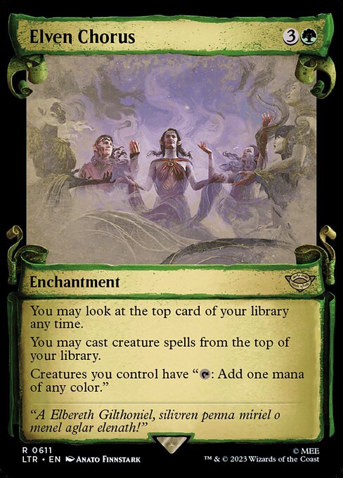 You may look at the top card of your library any time.
You may cast creature spells from the top of your library.
Creatures you control have "{T}: Add one mana of any color."
