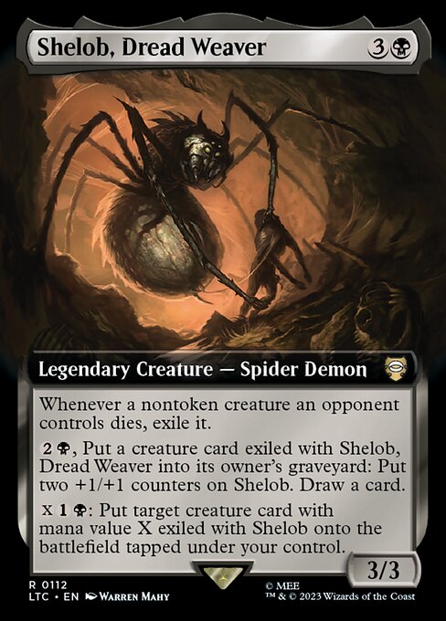 Whenever a nontoken creature an opponent controls dies, exile it.
{2}{B}, Put a creature card exiled with Shelob, Dread Weaver into its owner's graveyard: Put two +1/+1 counters on Shelob. Draw a card.
{X}{1}{B}: Put target creature card with mana value X exiled with Shelob onto the battlefield tapped under your control.