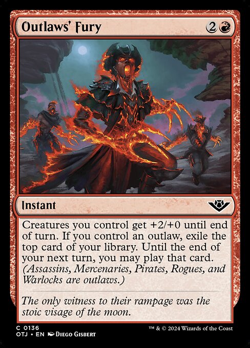 Creatures you control get +2/+0 until end of turn. If you control an outlaw, exile the top card of your library. Until the end of your next turn, you may play that card. (Assassins, Mercenaries, Pirates, Rogues, and Warlocks are outlaws.)