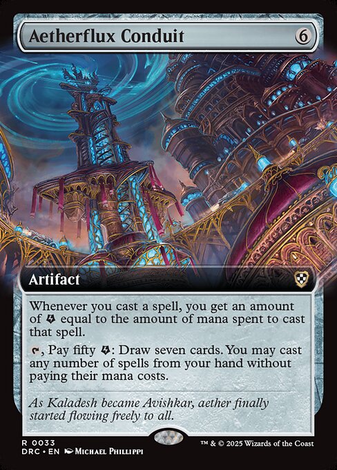 Whenever you cast a spell, you get an amount of {E} (energy counters) equal to the amount of mana spent to cast that spell.
{T}, Pay fifty {E}: Draw seven cards. You may cast any number of spells from your hand without paying their mana costs.