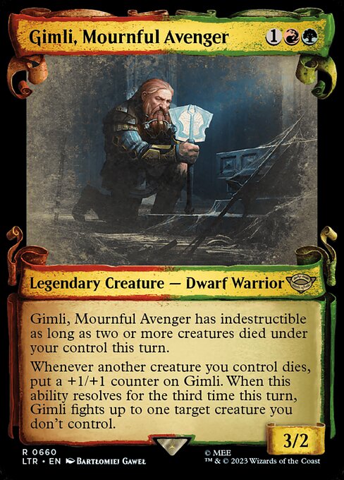 Gimli, Mournful Avenger has indestructible as long as two or more creatures died under your control this turn.
Whenever another creature you control dies, put a +1/+1 counter on Gimli. When this ability resolves for the third time this turn, Gimli fights up to one target creature you don't control.