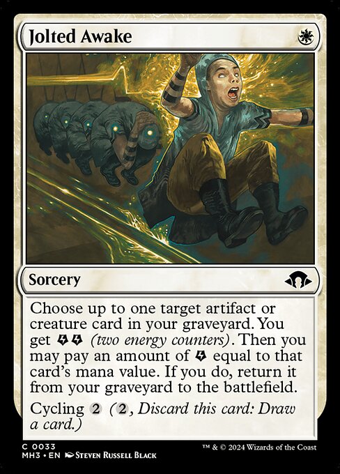 Choose up to one target artifact or creature card in your graveyard. You get {E}{E} (two energy counters). Then you may pay an amount of {E} equal to that card's mana value. If you do, return it from your graveyard to the battlefield.
Cycling {2} ({2}, Discard this card: Draw a card.)