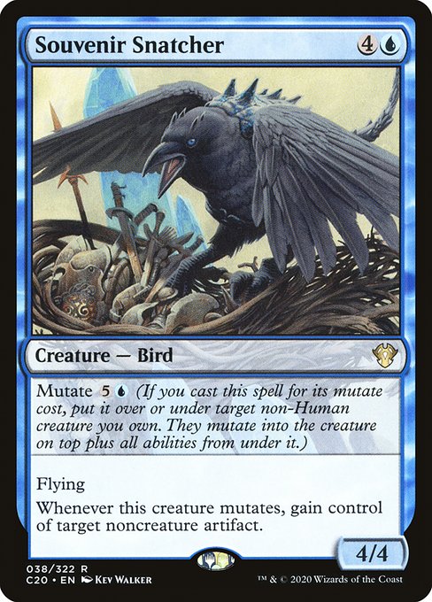 Mutate {5}{U} (If you cast this spell for its mutate cost, put it over or under target non-Human creature you own. They mutate into the creature on top plus all abilities from under it.)
Flying
Whenever this creature mutates, gain control of target noncreature artifact.