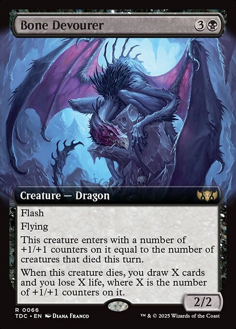 Flash
Flying
This creature enters with a number of +1/+1 counters on it equal to the number of creatures that died this turn.
When this creature dies, you draw X cards and you lose X life, where X is the number of +1/+1 counters on it.