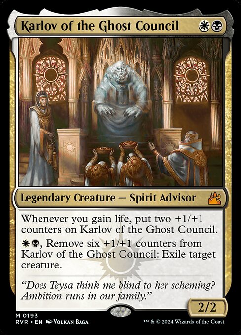 Whenever you gain life, put two +1/+1 counters on Karlov of the Ghost Council.
{W}{B}, Remove six +1/+1 counters from Karlov of the Ghost Council: Exile target creature.