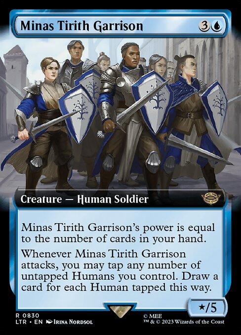 Minas Tirith Garrison's power is equal to the number of cards in your hand.
Whenever Minas Tirith Garrison attacks, you may tap any number of untapped Humans you control. Draw a card for each Human tapped this way.