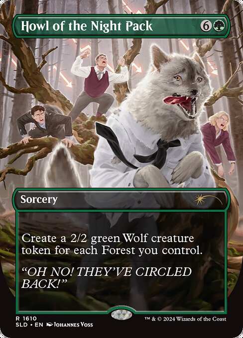 Create a 2/2 green Wolf creature token for each Forest you control.