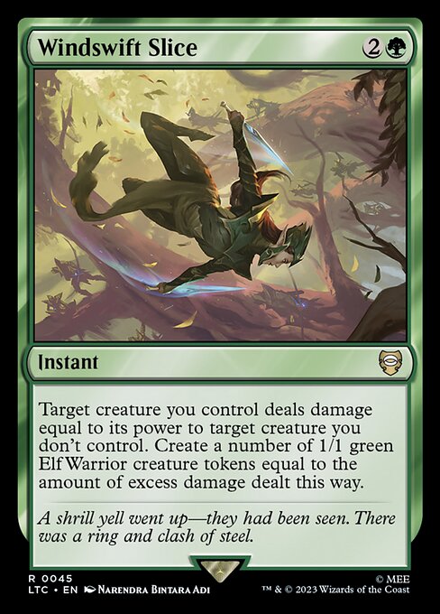 Target creature you control deals damage equal to its power to target creature you don't control. Create a number of 1/1 green Elf Warrior creature tokens equal to the amount of excess damage dealt this way.