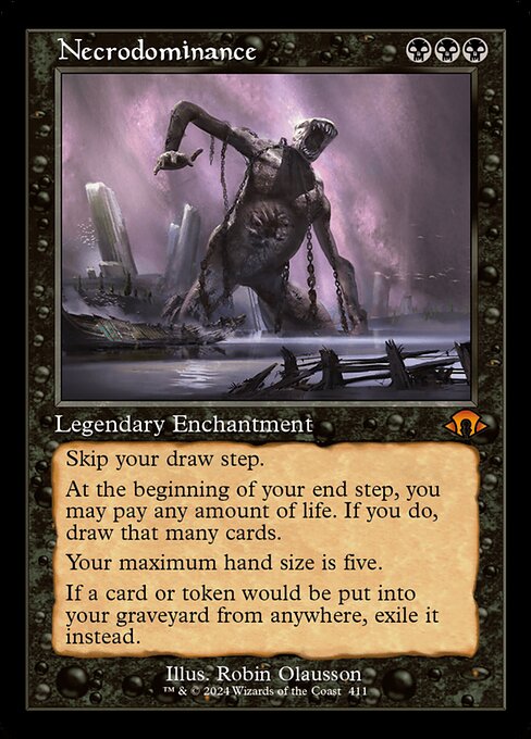 Skip your draw step.
At the beginning of your end step, you may pay any amount of life. If you do, draw that many cards.
Your maximum hand size is five.
If a card or token would be put into your graveyard from anywhere, exile it instead.