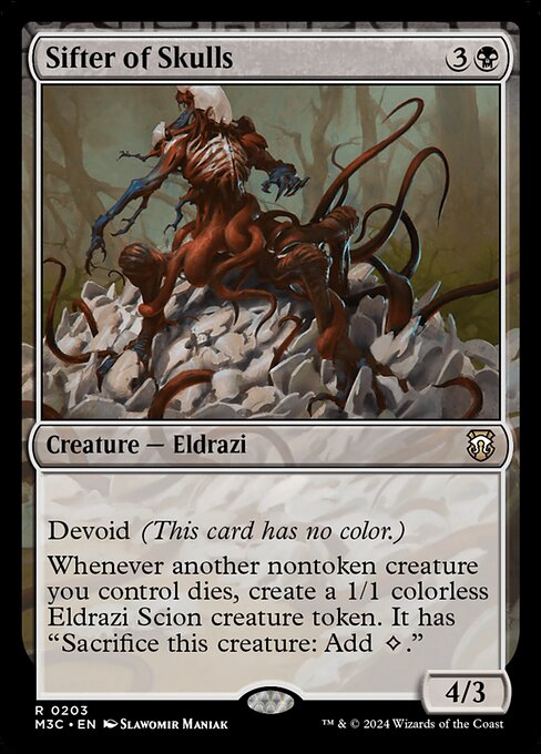 Devoid (This card has no color.)
Whenever another nontoken creature you control dies, create a 1/1 colorless Eldrazi Scion creature token. It has "Sacrifice this creature: Add {C}." ({C} represents colorless mana.)