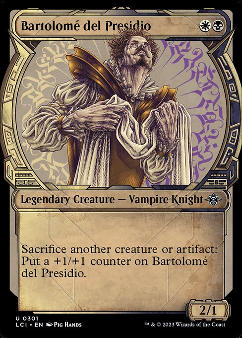 Sacrifice another creature or artifact: Put a +1/+1 counter on Bartolomé del Presidio.