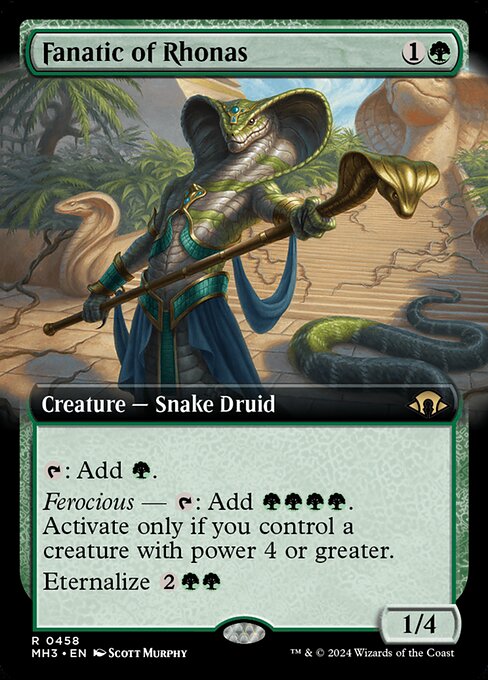 {T}: Add {G}.
Ferocious — {T}: Add {G}{G}{G}{G}. Activate only if you control a creature with power 4 or greater.
Eternalize {2}{G}{G} ({2}{G}{G}, Exile this card from your graveyard: Create a token that's a copy of it, except it's a 4/4 black Zombie Snake Druid with no mana cost. Eternalize only as a sorcery.)