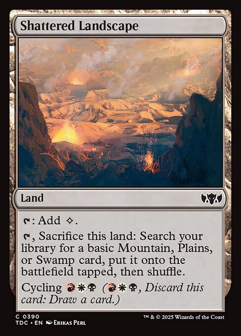 {T}: Add {C}.
{T}, Sacrifice this land: Search your library for a basic Mountain, Plains, or Swamp card, put it onto the battlefield tapped, then shuffle.
Cycling {R}{W}{B} ({R}{W}{B}, Discard this card: Draw a card.)