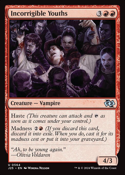 Haste (This creature can attack and {T} as soon as it comes under your control.)
Madness {2}{R} (If you discard this card, discard it into exile. When you do, cast it for its madness cost or put it into your graveyard.)