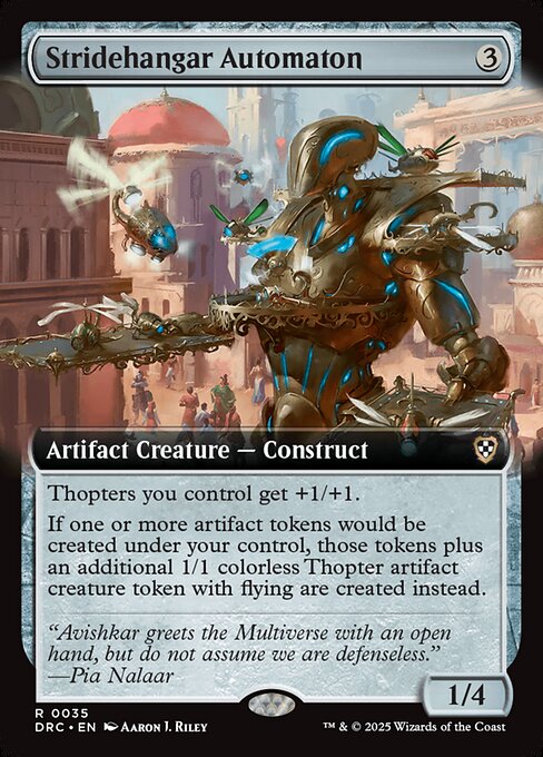 Thopters you control get +1/+1.
If one or more artifact tokens would be created under your control, those tokens plus an additional 1/1 colorless Thopter artifact creature token with flying are created instead.