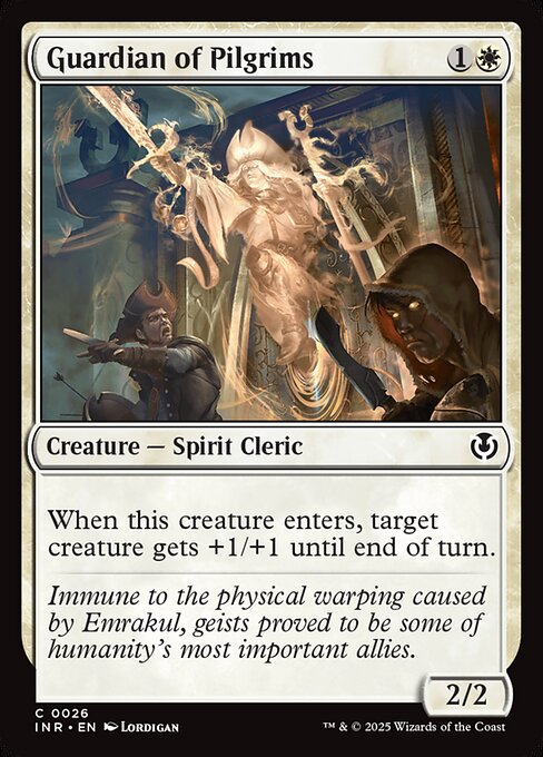 When Guardian of Pilgrims enters, target creature gets +1/+1 until end of turn.