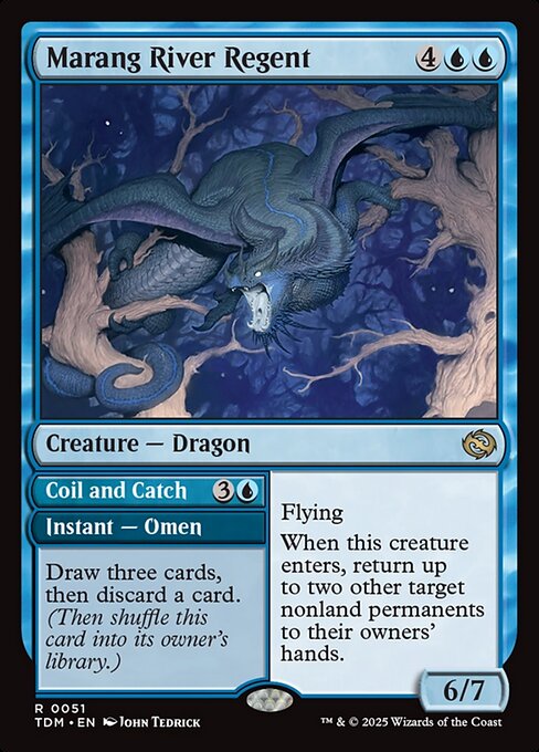 Flying
When this creature enters, return up to two other target nonland permanents to their owners' hands.   Draw three cards, then discard a card. (Then shuffle th is card into its owner's library.)